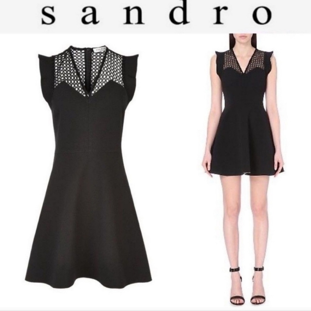 Sandro black lace flare dress